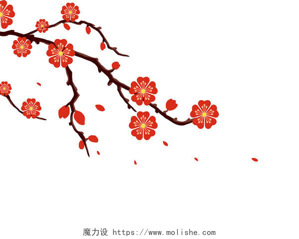 红色手绘古风中国风梅花花枝元素PNG素材